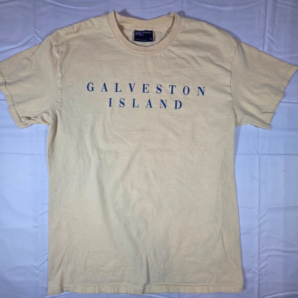 Vintage MV Sport Galveston Island T Shirt Mens Medium Yellow Graphic Tee